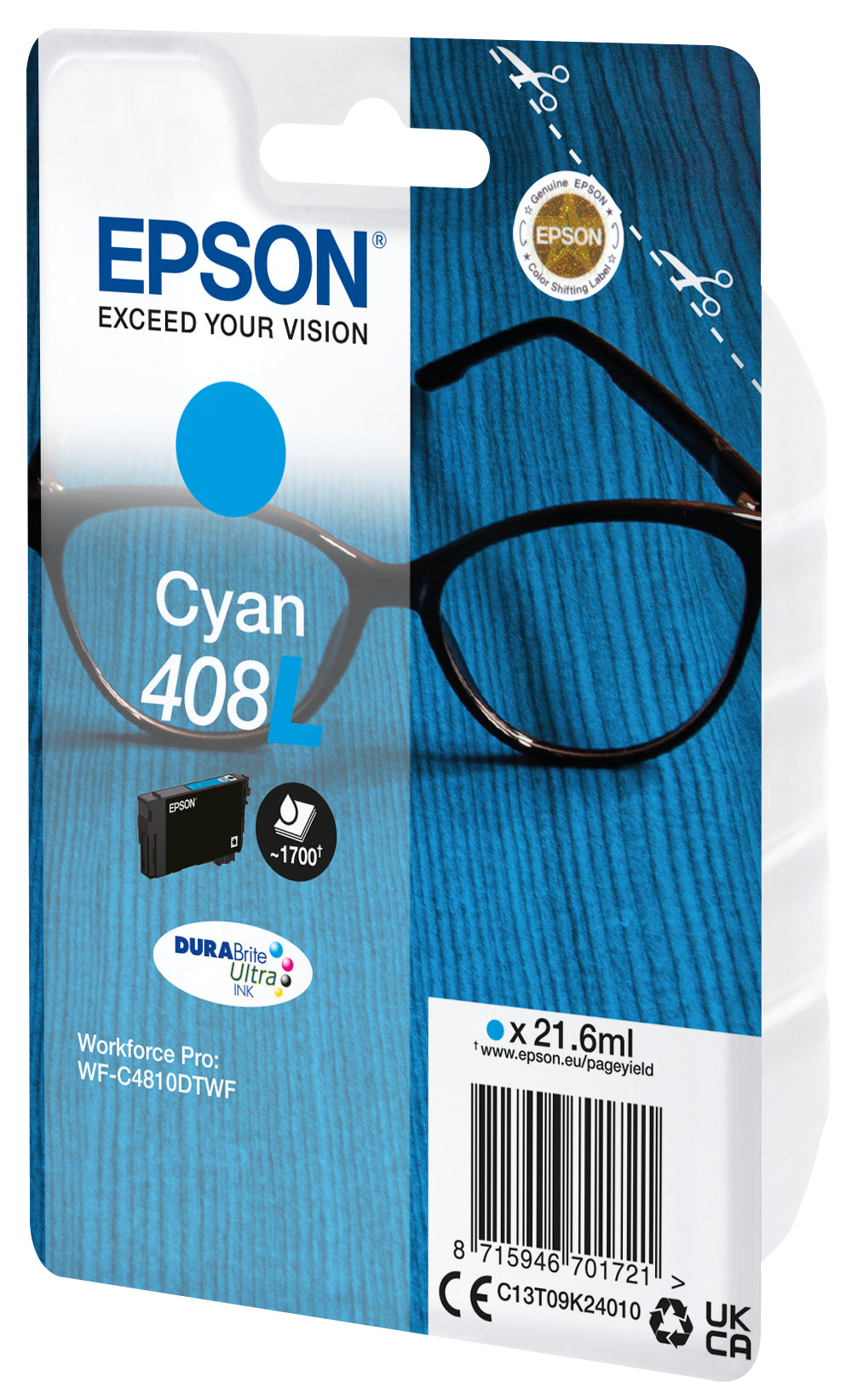 Epson C13T09K24010/408L Ink cartridge cyan high-capacity, 1.7K pages 21.6ml for Epson WF-C 4810