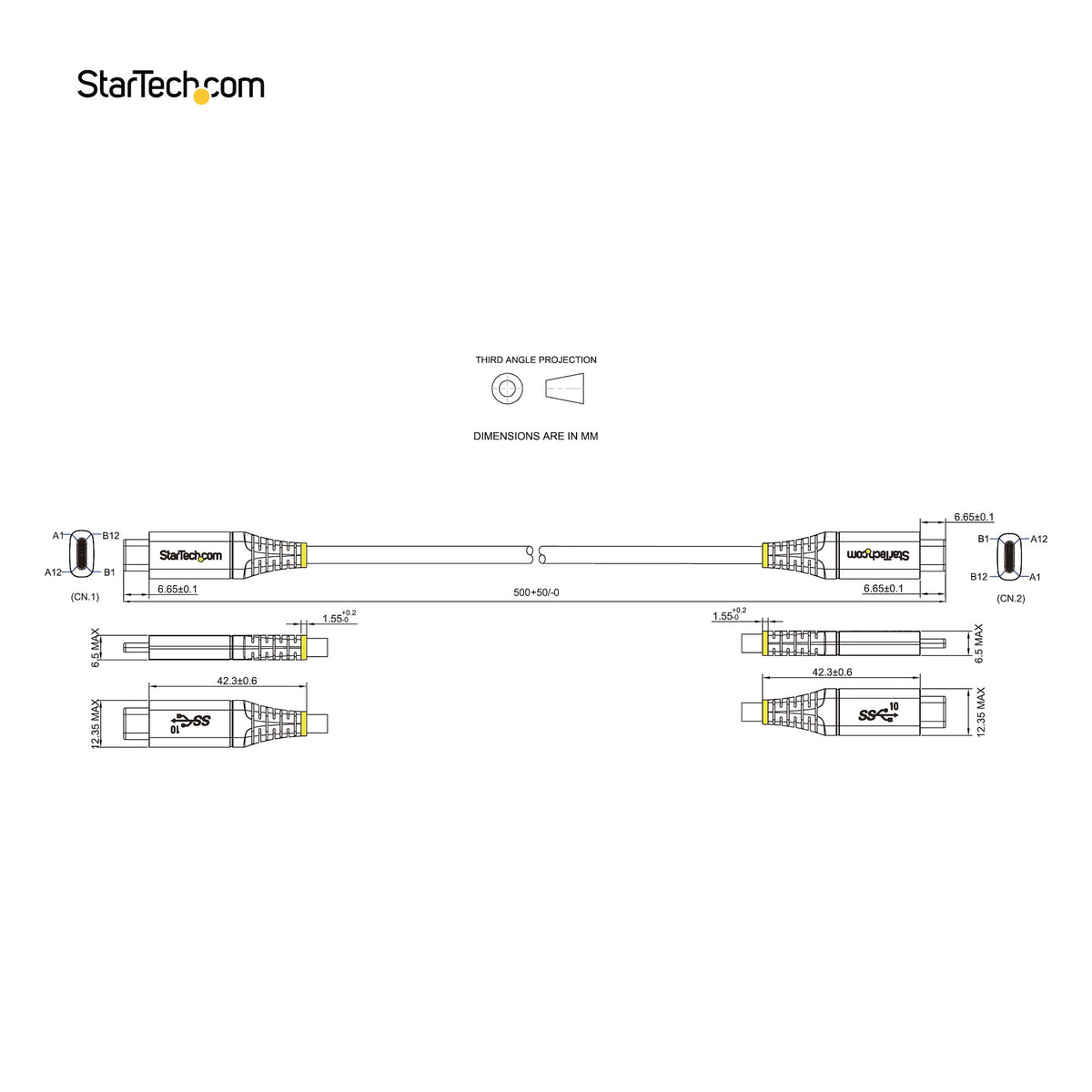 StarTech.com 1.6ft (50cm) USB-C Cable, USB 10Gbps, 100W (5A) Power Delivery, 8K 60Hz / 4K 144Hz DP Alt Mode, Thunderbolt Compatible