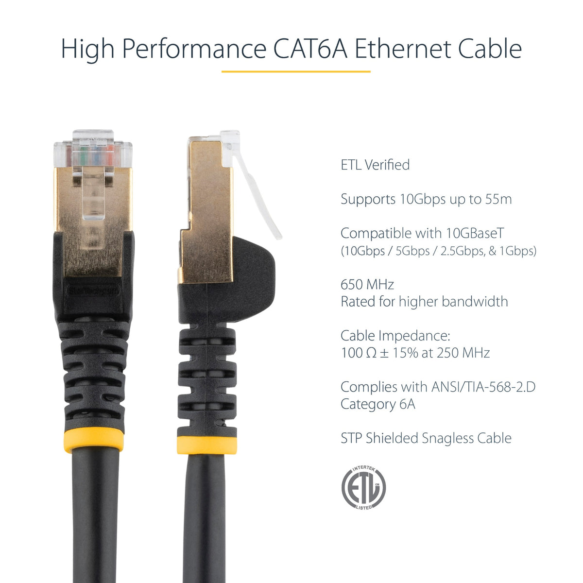 StarTech.com 3m CAT6a Ethernet Cable - 10 Gigabit Shielded Snagless RJ45 100W PoE Patch Cord - 10GbE STP Network Cable w/Strain Relief - Black Individually Tested/Wiring is UL Certified/TIA