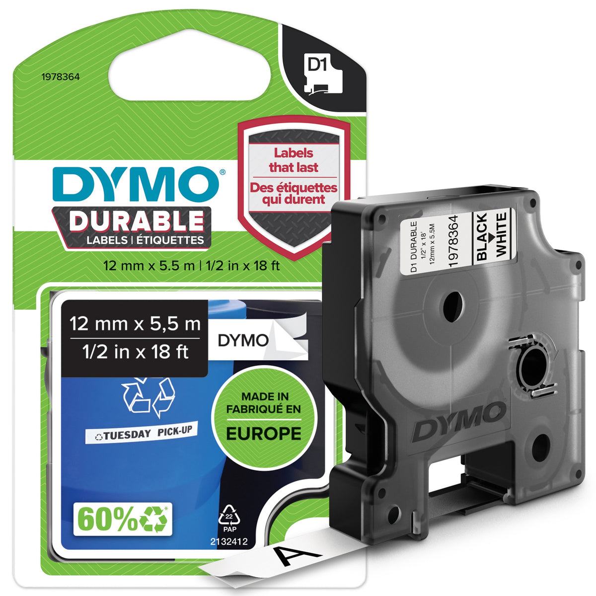 Dymo 1978364 DirectLabel-etikettes black on white Vinyl 12mm x 5,5mm for Dymo D1 6-12mm/19mm/24mm/9-12mm/9-19mm