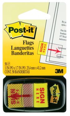 Post-It Index Flags Repositionable Sign Here 25x43mm Red Text On Yellow (Pack 50) 680-9 - 7000144931