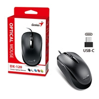 Genius DX-120 Wired USB Type-C Plug and Play Mouse, 1200 DPI Optical Tracking, 3 Button with Scroll Wheel, Ambidextrous Design with 1.5m Cable, Black