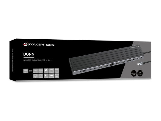 Conceptronic DONN32B 14-in-1 MST Docking Station USB 3.2 Gen 1, HDMI x 2, DP, GbE LAN, USB-A 5Gbps x 3, USB-C 5Gbps x 2, SD, TF/MicroSD, 3.5mm headset, Security Slot, 100W USB PD