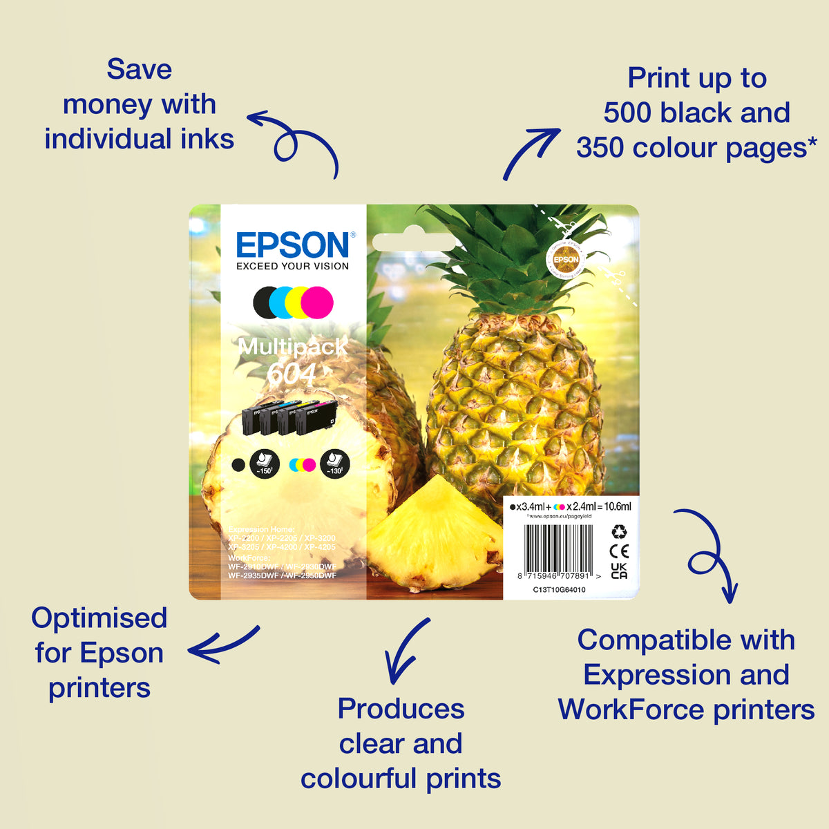 Epson C13T10H94010/604XL/604 Ink cartridge multi pack 1xBk HC + 1x C,M,Y 500pg + 3x130pg Pack=4 for Epson XP-2200