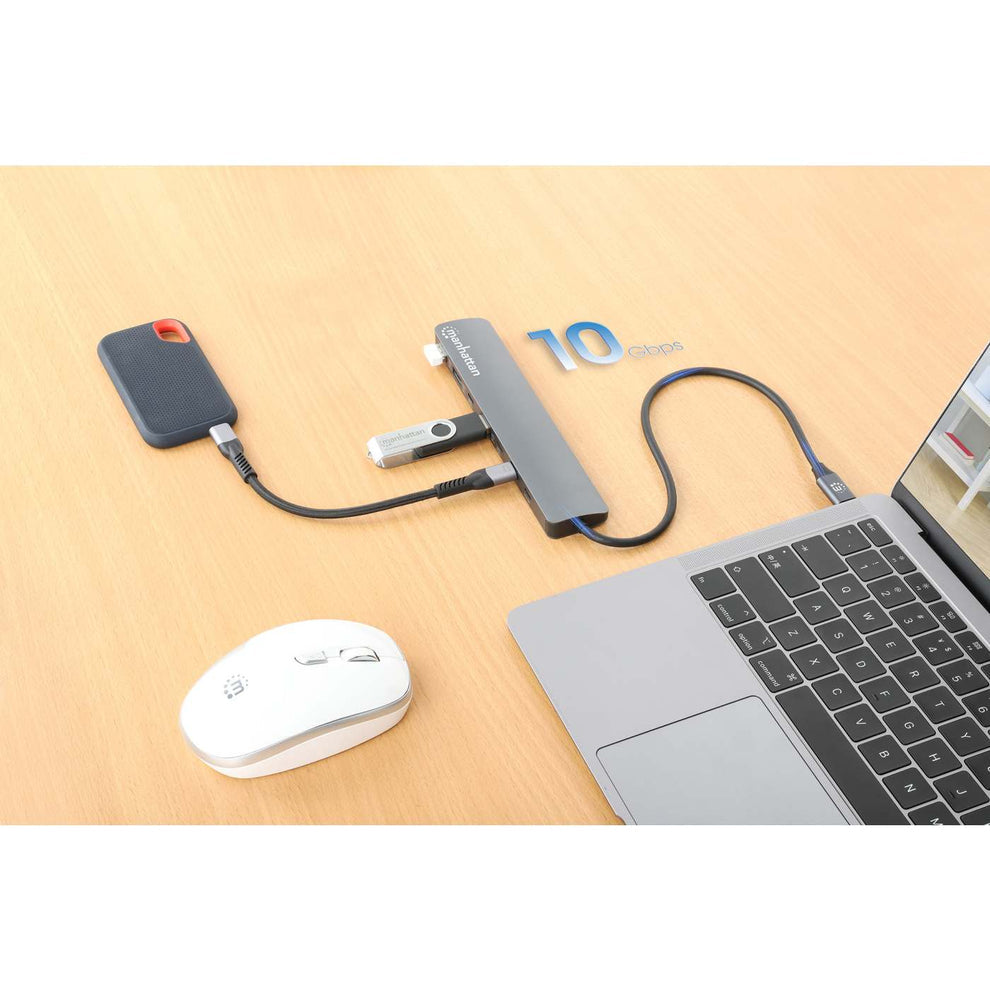Manhattan USB-C Dock/Hub, Ports (x7): USB-A (x3) and USB-C (x4), with Power Delivery (PD) 100W- requires external USB-C charger (not included). USB powered (no external power supply required) when PD is not in use, Aluminium