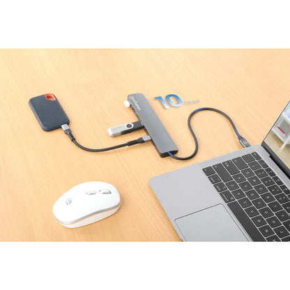 Manhattan USB-C Dock/Hub, Ports (x7): USB-A (x3) and USB-C (x4), with Power Delivery (PD) 100W- requires external USB-C charger (not included). USB powered (no external power supply required) when PD is not in use, Aluminium