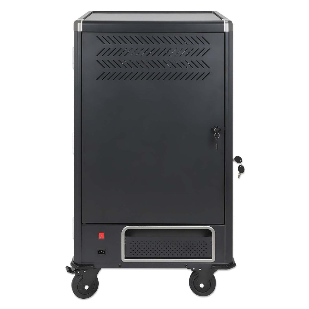 Manhattan Laptop Charging Cart/Trolley via AC Adapter (UK) 30-bay, Install device's AC Adapter (power cables) into unit, Suitable for ALL laptops (to 16"), iPads, MacBooks, Chromebooks, other portable devices, Bays 380x30x280mm, Black, Cabinet, Lockable