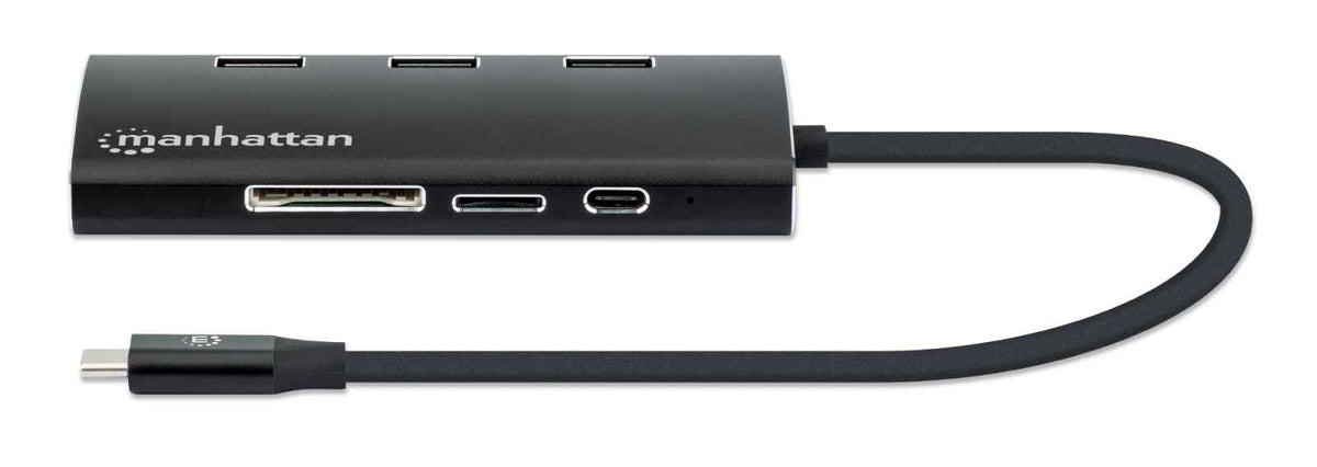 Manhattan USB-C Dock/Hub with Card Reader, Ports (x6): Ethernet, HDMI, USB-A (x3) and USB-C, With Power Delivery (100W) to USB-C Port (Note additional USB-C wall charger and USB-C cable needed), Universal for all devices, Aluminium, Equivalent to DKT30CSD
