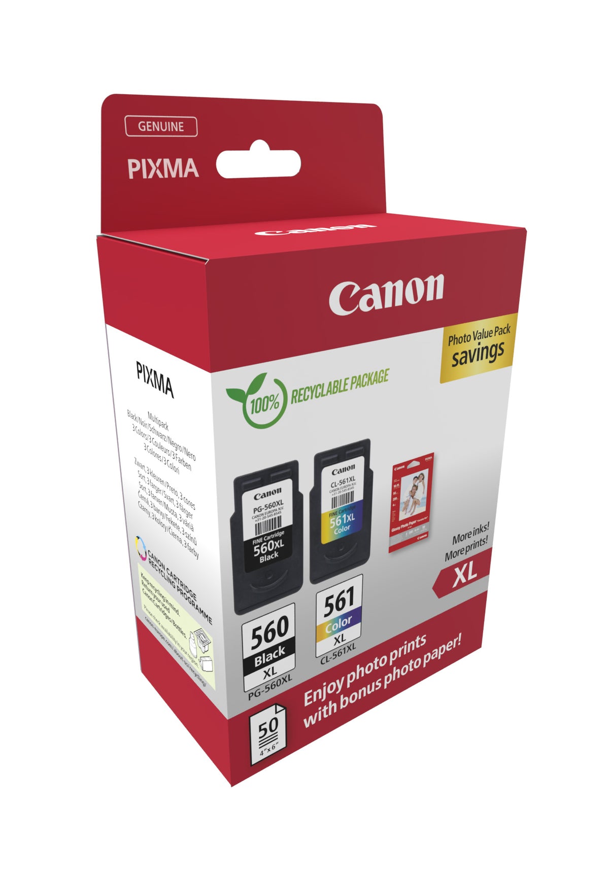 Canon 3712C008/PG-560XL+CL-561XL Printhead cartridge multi pack black + color +50 sheet Photopaper 14,3ml + 12,2ml Pack=2 for Canon Pixma TS 5350