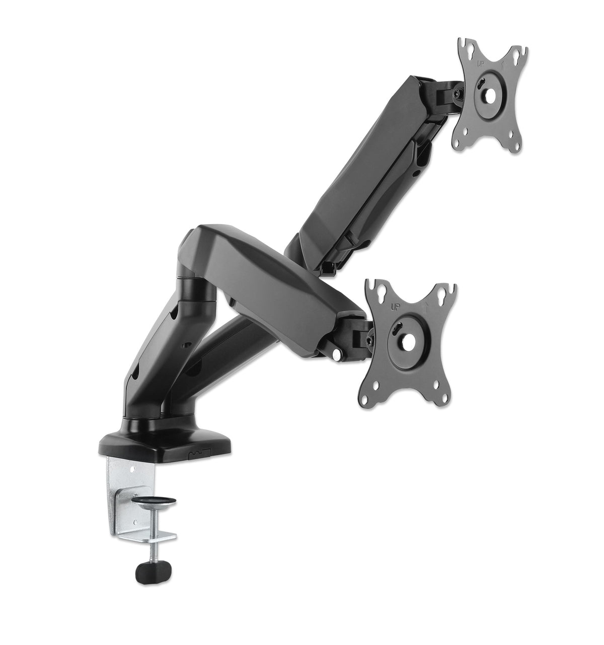 Manhattan Dual Desk Mount for TV & Monitors (Full Motion Spring), For screens 10" to 27", C-Clamp or Grommet Assembly,VESA compatibility: 75x75 and 100x100mm -check the dimensions of the four mounting holes on back of screen to ensure it fits,Max 9kg (eac