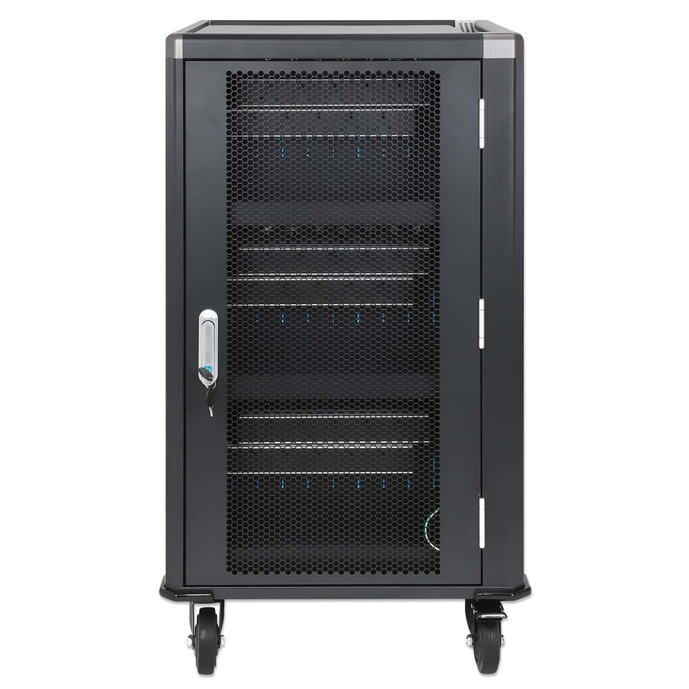 Manhattan Laptop Charging Cart/Trolley via AC Adapter (UK) 30-bay, Install device's AC Adapter (power cables) into unit, Suitable for ALL laptops (to 16"), iPads, MacBooks, Chromebooks, other portable devices, Bays 380x30x280mm, Black, Cabinet, Lockable