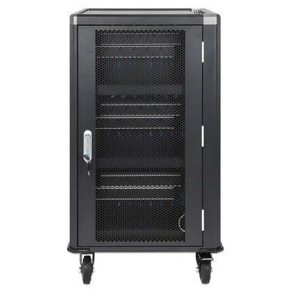 Manhattan Laptop Charging Cart/Trolley via AC Adapter (UK) 30-bay, Install device's AC Adapter (power cables) into unit, Suitable for ALL laptops (to 16"), iPads, MacBooks, Chromebooks, other portable devices, Bays 380x30x280mm, Black, Cabinet, Lockable