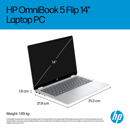 HP OmniBook 5 Flip 2-in-1 Laptop 14-fp0001nax Intel® Core™ i5 i5-1334U 35.6 cm (14") Touchscreen 2K 16 GB LPDDR5-SDRAM 512 GB SSD Wi-Fi 6 (802.11ax) Windows 11 Home Silver