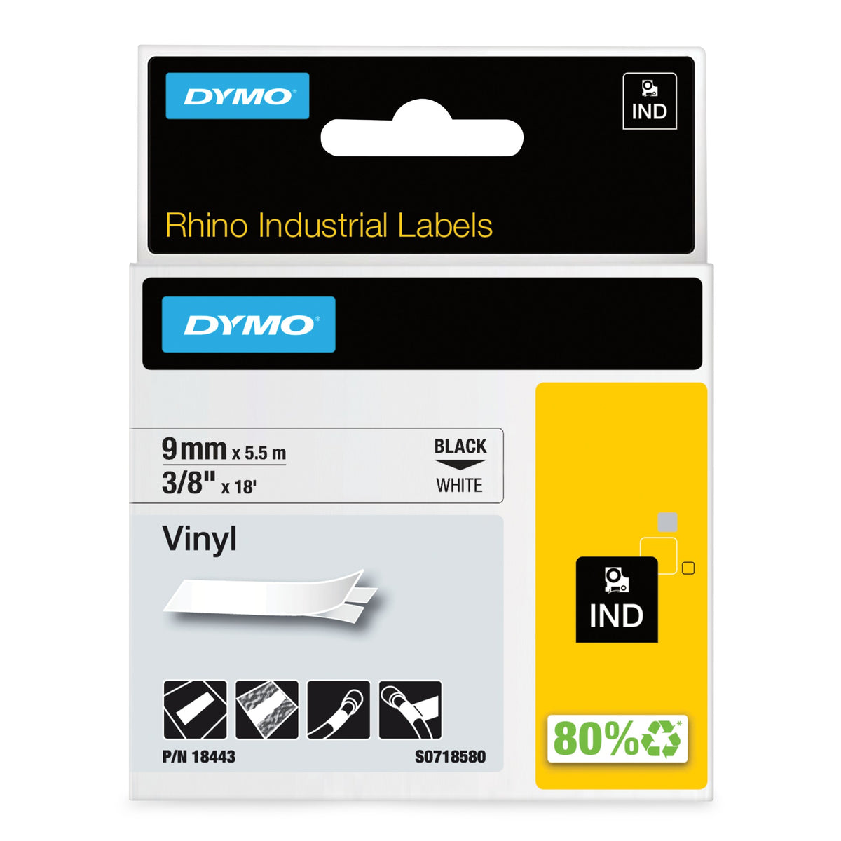 Dymo 18443/S0718580 Ribbon Vinyl black on white 9mm x 5,5m for Dymo Rhino 6-12mm/19mm/24mm