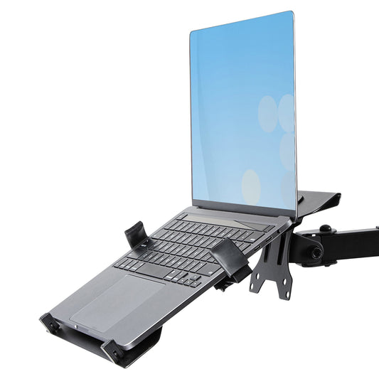 StarTech.com Monitor Arm with VESA Laptop Tray, For a Laptop (4.5kg/9.9lb) and a Single Display up to 32" (17.6lb/8kg), Black, Vented Tray, Adjustable Laptop Arm Mount, C-clamp/Grommet Mount