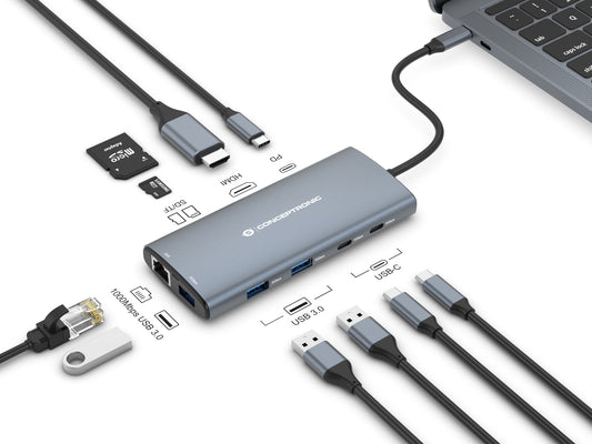 Conceptronic DONN06G 10-in-1 USB 3.2 Gen 1 Docking Station, HDMI, 100W USB PD, USB-C 5Gbps x 2, USB-A 5Gbps x 3, SD, TF/MicroSD, GbE