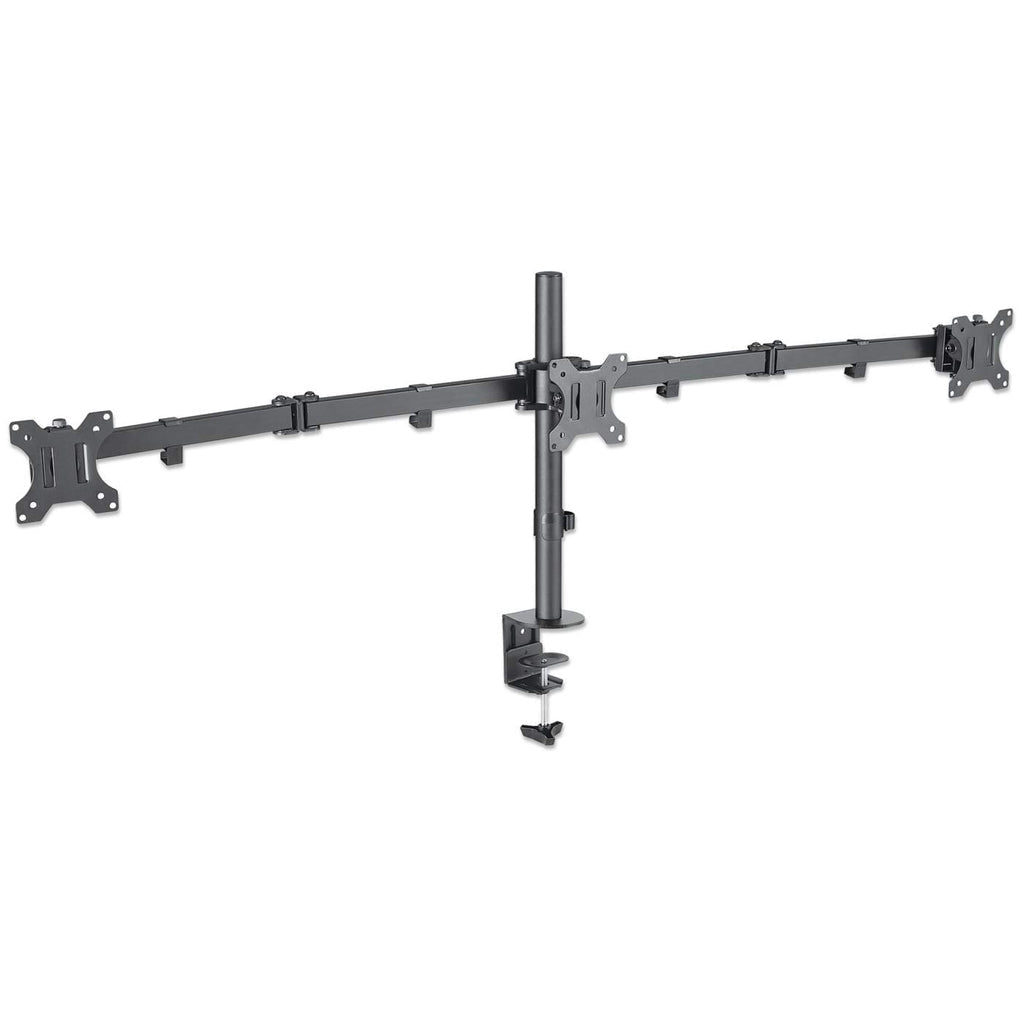 Manhattan Triple Desk Mount for TV & Monitors, For screens: 10" to 27", Clamp Assembly, VESA compatibility: 75x75 and 100x100mm - check the dimensions of the four mounting holes on back of screen to ensure it fits, Max 7kg (each), Black, Bracket, Lifetime