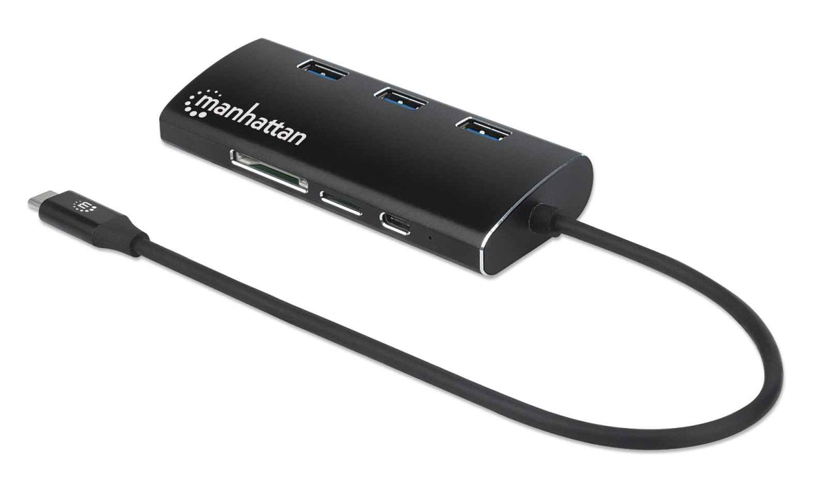 Manhattan USB-C Dock/Hub with Card Reader, Ports (x6): Ethernet, HDMI, USB-A (x3) and USB-C, With Power Delivery (100W) to USB-C Port (Note additional USB-C wall charger and USB-C cable needed), Universal for all devices, Aluminium, Equivalent to DKT30CSD