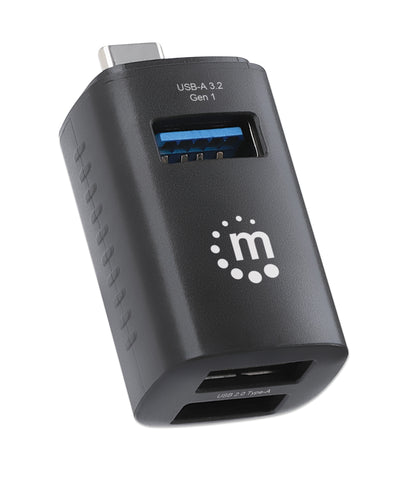 Manhattan USB-C 3-Port Hub, ULTRA COMPACT, 3x USB-A Ports (1x 5 Gbps USB 3.2 Gen1 aka USB 3.0, 3 x 480 Mbps USB 2.0), USB powered (no external power supply required)